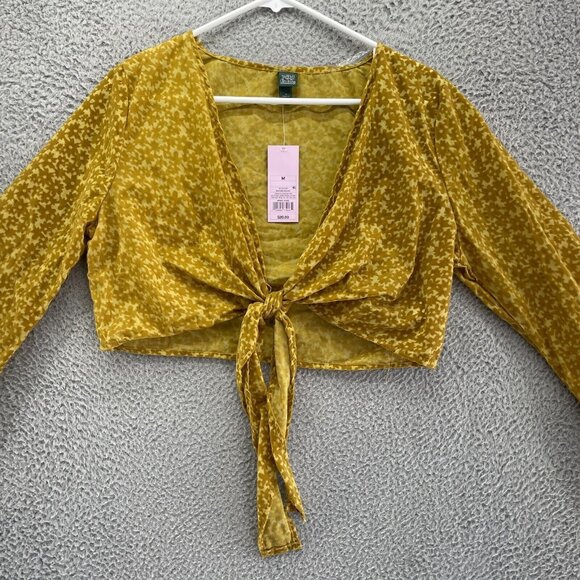 Wild Fable Top Womens Medium M Yellow Long Sleeve Crop Top Sheer Front Tie‎ NEW - Picture 1 of 12
